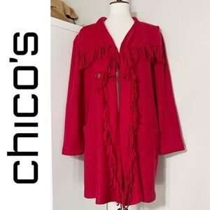 Chico's Fringed Boiled‎ Wool Coat Double Breasted Shawl Collar Red Size (3) XL
